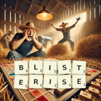 Illustration créative d'un jeu de lettres avec le mot BLISTERISE épelé sur le plateau.