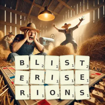 Illustration créative d'un jeu de lettres avec le mot BLISTERISERIONS épelé sur le plateau.