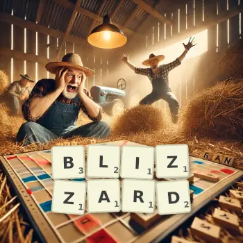 Illustration créative d'un jeu de lettres avec le mot BLIZZARD épelé sur le plateau.