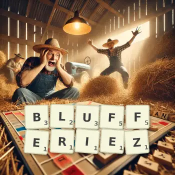 Illustration créative d'un jeu de lettres avec le mot BLUFFERIEZ épelé sur le plateau.