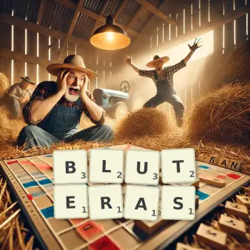 Illustration créative d'un jeu de lettres avec le mot BLUTERAS épelé sur le plateau.