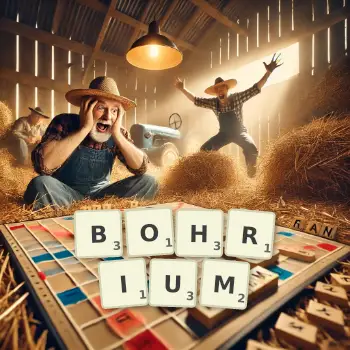 Illustration créative d'un jeu de lettres avec le mot BOHRIUM épelé sur le plateau.