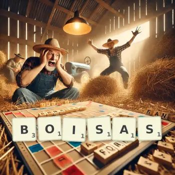 Illustration créative d'un jeu de lettres avec le mot BOISAS épelé sur le plateau.