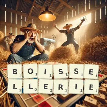 Illustration créative d'un jeu de lettres avec le mot BOISSELLERIE épelé sur le plateau.