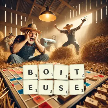 Illustration créative d'un jeu de lettres avec le mot BOITEUSE épelé sur le plateau.