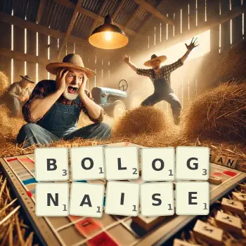 Illustration créative d'un jeu de lettres avec le mot BOLOGNAISE épelé sur le plateau.