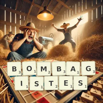 Illustration créative d'un jeu de lettres avec le mot BOMBAGISTES épelé sur le plateau.