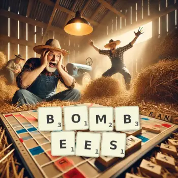 Illustration créative d'un jeu de lettres avec le mot BOMBEES épelé sur le plateau.
