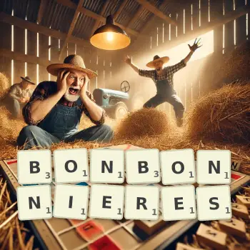 Illustration créative d'un jeu de lettres avec le mot BONBONNIERES épelé sur le plateau.
