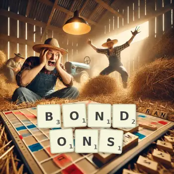 Illustration créative d'un jeu de lettres avec le mot BONDONS épelé sur le plateau.