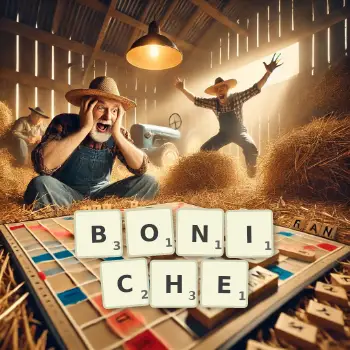 Illustration créative d'un jeu de lettres avec le mot BONICHE épelé sur le plateau.