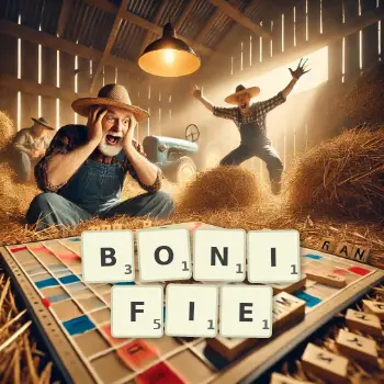 Illustration créative d'un jeu de lettres avec le mot BONIFIE épelé sur le plateau.