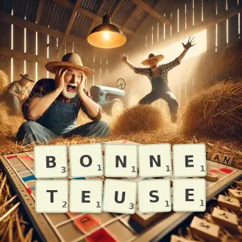 Illustration créative d'un jeu de lettres avec le mot BONNETEUSE épelé sur le plateau.