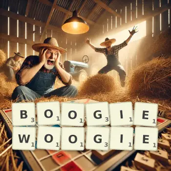 Illustration créative d'un jeu de lettres avec le mot BOOGIEWOOGIE épelé sur le plateau.