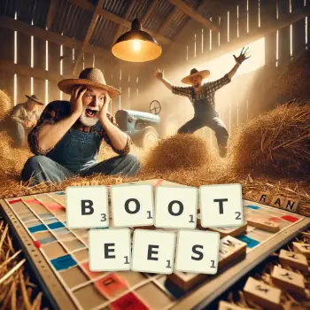 Illustration créative d'un jeu de lettres avec le mot BOOTEES épelé sur le plateau.
