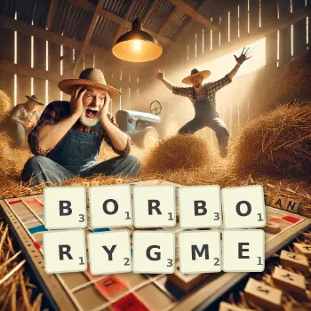 Illustration créative d'un jeu de lettres avec le mot BORBORYGME épelé sur le plateau.