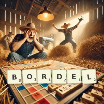 Illustration créative d'un jeu de lettres avec le mot BORDEL épelé sur le plateau.