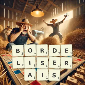 Illustration créative d'un jeu de lettres avec le mot BORDELISERAIS épelé sur le plateau.