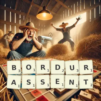 Illustration créative d'un jeu de lettres avec le mot BORDURASSENT épelé sur le plateau.