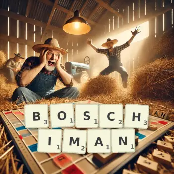 Illustration créative d'un jeu de lettres avec le mot BOSCHIMAN épelé sur le plateau.