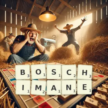 Illustration créative d'un jeu de lettres avec le mot BOSCHIMANE épelé sur le plateau.