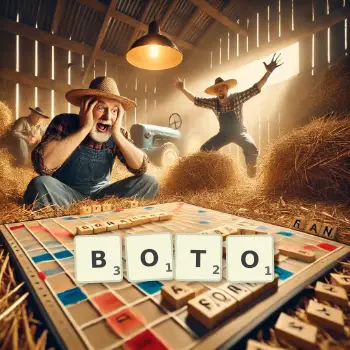 Illustration créative d'un jeu de lettres avec le mot BOTO épelé sur le plateau.