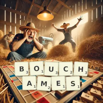 Illustration créative d'un jeu de lettres avec le mot BOUCHAMES épelé sur le plateau.