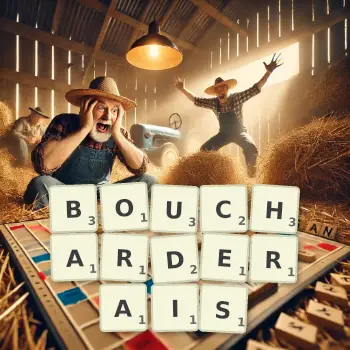 Illustration créative d'un jeu de lettres avec le mot BOUCHARDERAIS épelé sur le plateau.