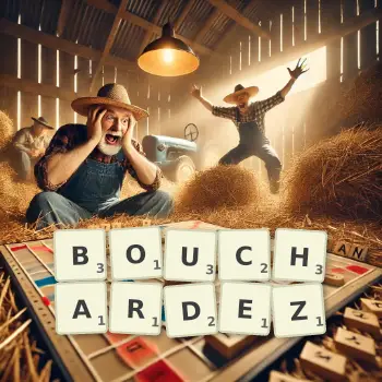 Illustration créative d'un jeu de lettres avec le mot BOUCHARDEZ épelé sur le plateau.