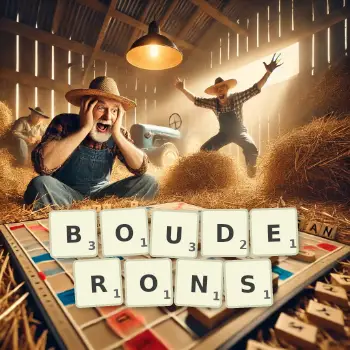 Illustration créative d'un jeu de lettres avec le mot BOUDERONS épelé sur le plateau.
