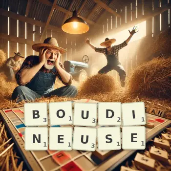 Illustration créative d'un jeu de lettres avec le mot BOUDINEUSE épelé sur le plateau.