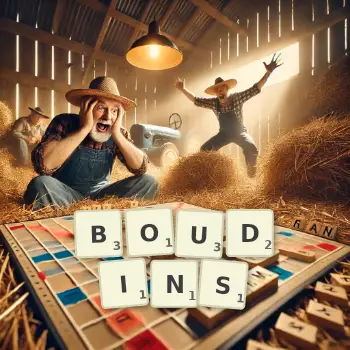 Illustration créative d'un jeu de lettres avec le mot BOUDINS épelé sur le plateau.