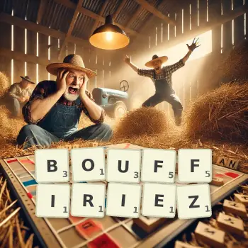 Illustration créative d'un jeu de lettres avec le mot BOUFFIRIEZ épelé sur le plateau.
