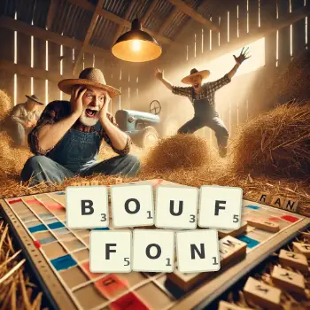 Illustration créative d'un jeu de lettres avec le mot BOUFFON épelé sur le plateau.