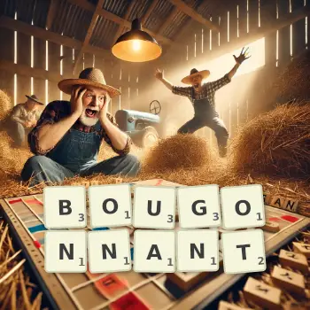 Illustration créative d'un jeu de lettres avec le mot BOUGONNANT épelé sur le plateau.