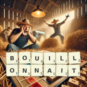 Illustration créative d'un jeu de lettres avec le mot BOUILLONNAIT épelé sur le plateau.