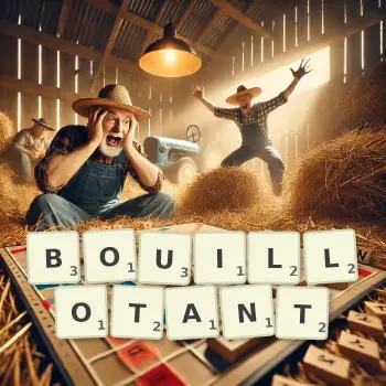 Illustration créative d'un jeu de lettres avec le mot BOUILLOTANT épelé sur le plateau.