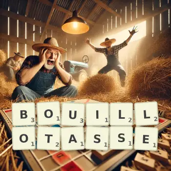 Illustration créative d'un jeu de lettres avec le mot BOUILLOTASSE épelé sur le plateau.