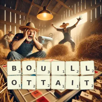 Illustration créative d'un jeu de lettres avec le mot BOUILLOTTAIT épelé sur le plateau.