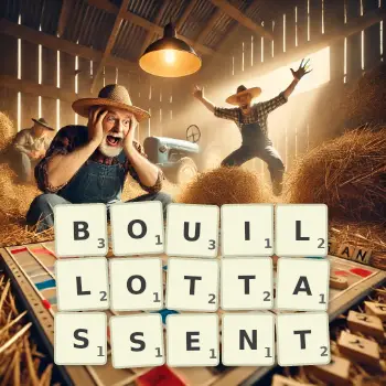 Illustration créative d'un jeu de lettres avec le mot BOUILLOTTASSENT épelé sur le plateau.