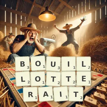Illustration créative d'un jeu de lettres avec le mot BOUILLOTTERAIT épelé sur le plateau.