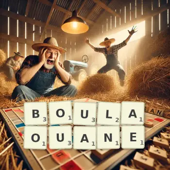 Illustration créative d'un jeu de lettres avec le mot BOULAOUANE épelé sur le plateau.