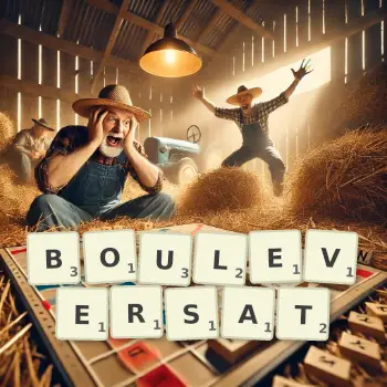 Illustration créative d'un jeu de lettres avec le mot BOULEVERSAT épelé sur le plateau.