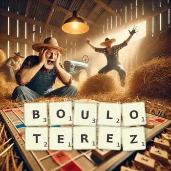 Illustration créative d'un jeu de lettres avec le mot BOULOTEREZ épelé sur le plateau.