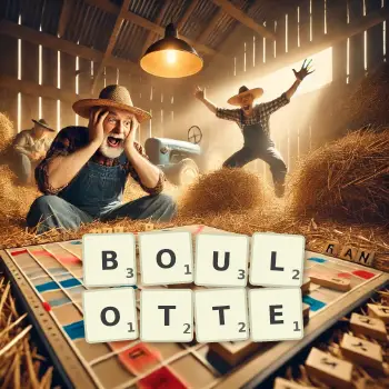 Illustration créative d'un jeu de lettres avec le mot BOULOTTE épelé sur le plateau.