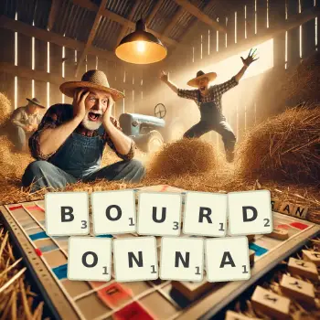 Illustration créative d'un jeu de lettres avec le mot BOURDONNA épelé sur le plateau.