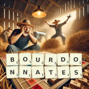 Illustration créative d'un jeu de lettres avec le mot BOURDONNATES épelé sur le plateau.