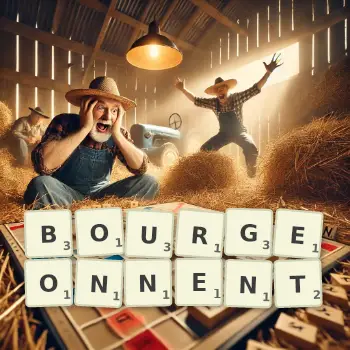 Illustration créative d'un jeu de lettres avec le mot BOURGEONNENT épelé sur le plateau.