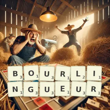 Illustration créative d'un jeu de lettres avec le mot BOURLINGUEUR épelé sur le plateau.