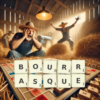 Illustration créative d'un jeu de lettres avec le mot BOURRASQUE épelé sur le plateau.